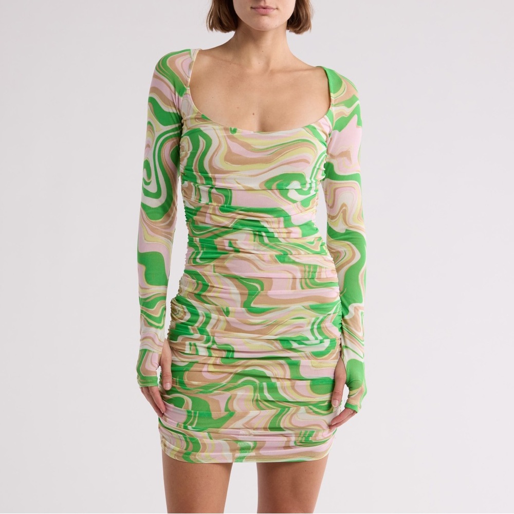 AFRM LOS ANGELES Gesine Long Sleeve Ruched Minidress in Green Swiss - Picture 1 of 11